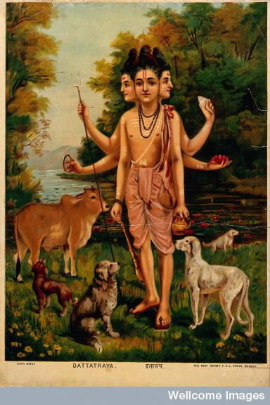 V0045119 Dattatreya with his four dogs and cow. Chromolithograph