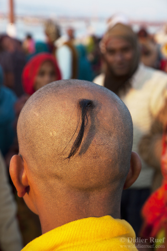 Maha Kumbh Mela. Man. Skull. Shaved. Worship.