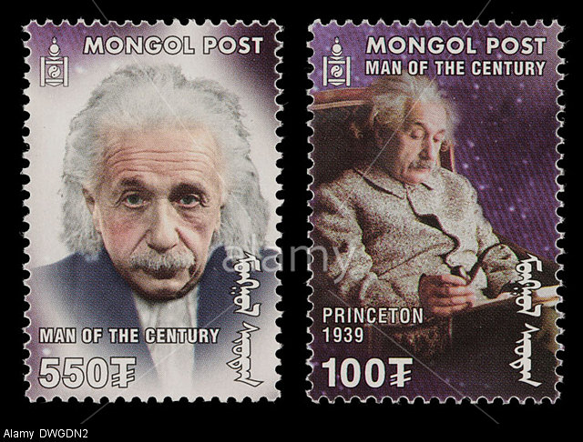 DWGDN2 Two Mongolia postage stamps featuring Albert Einstein. In one he is sitting in a chair, holding a pipe; the other is a portrait.
