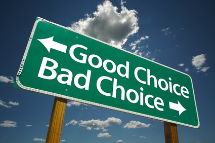 Good Choice, Bad Choice Road Sign with blue sky and clouds.
