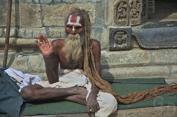 A over 100 year old Sadhu at the Shambhu Nath Hindu Cremation Area, Kathmandu Nepal